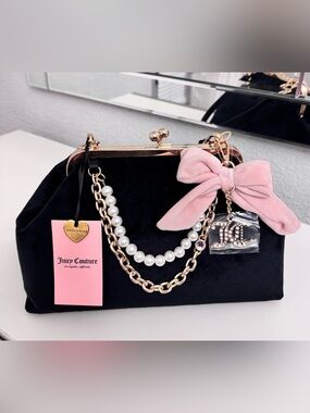 Juicy Couture Black Velvet Mini Bag with Pink Bow and Pearl Chain